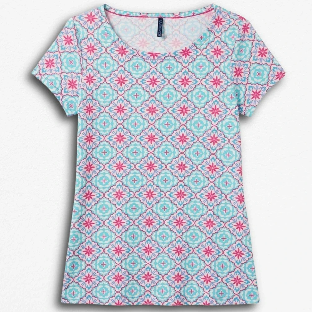 Aqua Et Sol Womens‎ Swim Shirt Rash Guard Short Sleeve Geometric Floral Blue S